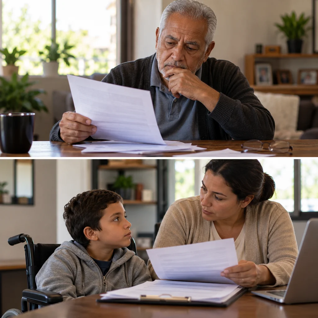 Família analisando documentos de renda e atendimento assistencial; imagem ilustrativa