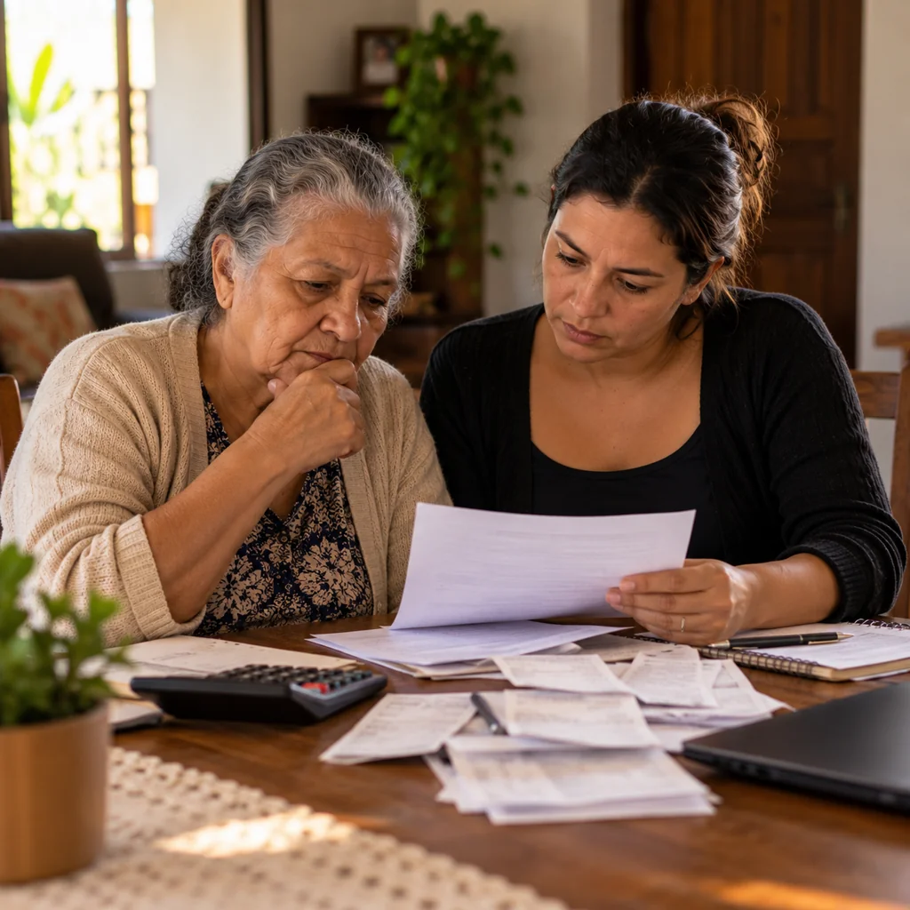 Mulheres conferindo os documentos de renda familiar; imagem ilustrativa
