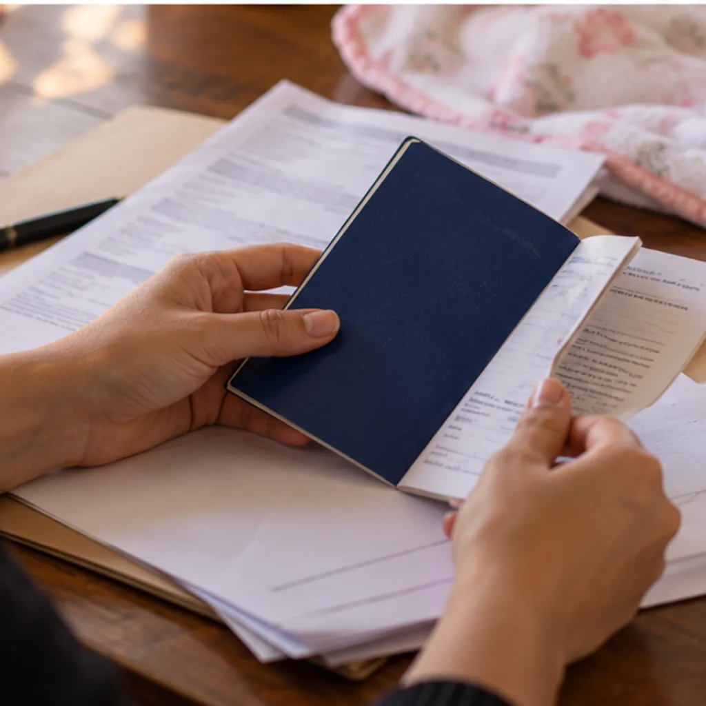 Mãe com bebê revisando registros e documentos previdenciários em casa; imagem ilustrativa