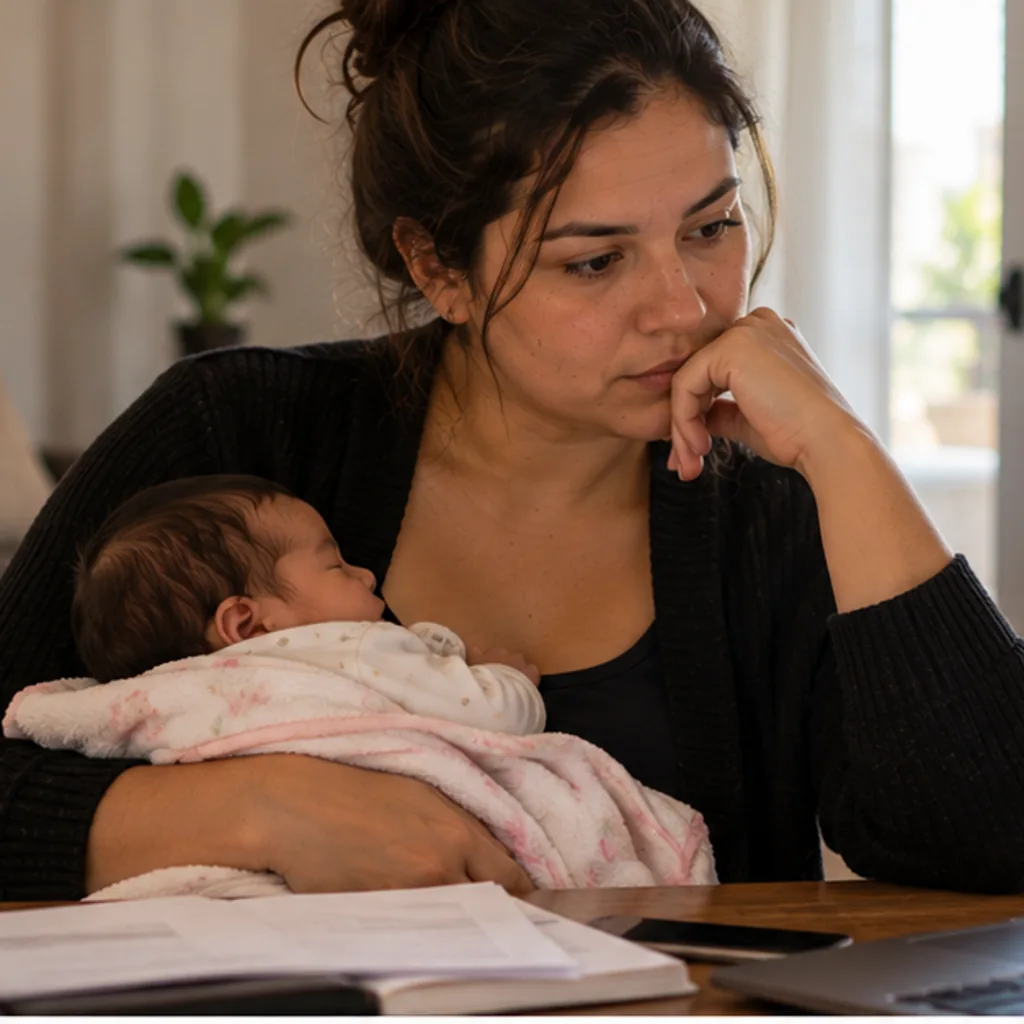 Mãe desempregada analisando documentos com bebê em casa; imagem ilustrativa