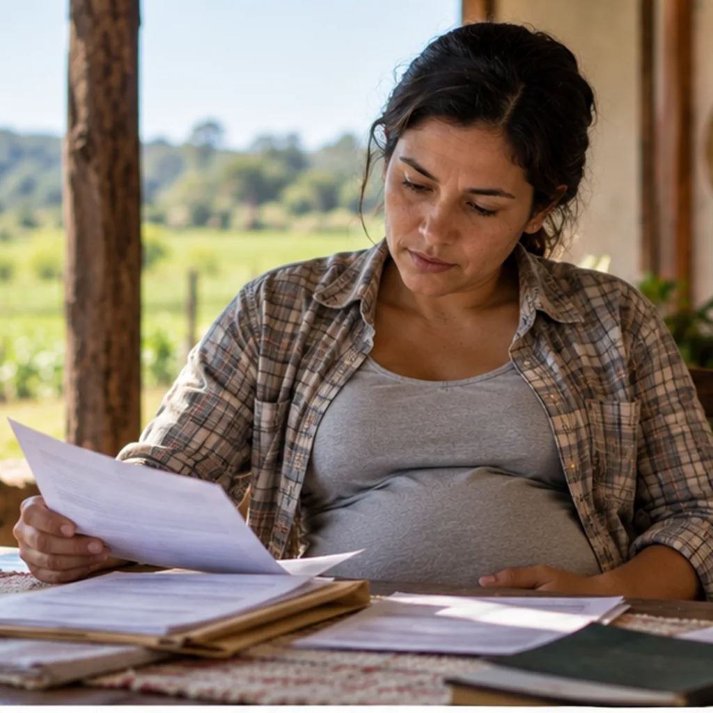 Trabalhadora rural gestante analisando documentos para benefício previdenciário; imagem ilustrativa